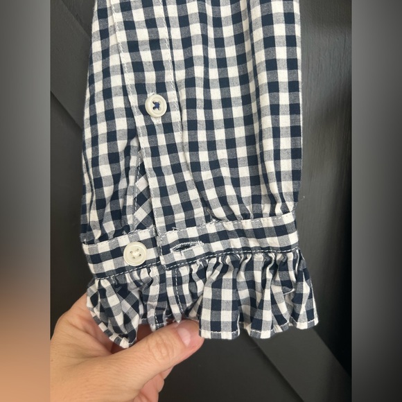 J. Crew Classic-Fit Ruffleneck Shirt-Dress in Navy Blue & White Gingham, Size 0 - Picture 5 of 8